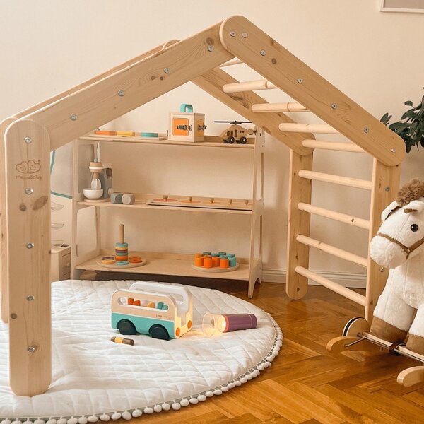 Piklerjev trikotnik iz masivnega bora v rožnati in naravni barvi 112x61x94 cm Montessori – Meowbaby