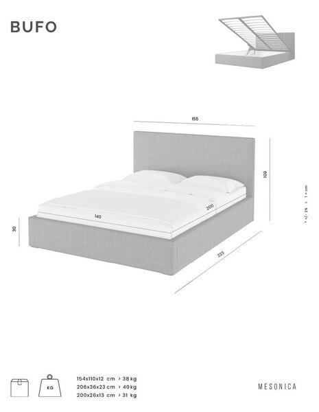 Siva oblazinjena zakonska postelja s prostorom za shranjevanje z letvenim dnom 140x200 cm Bufo Bed – MESONICA