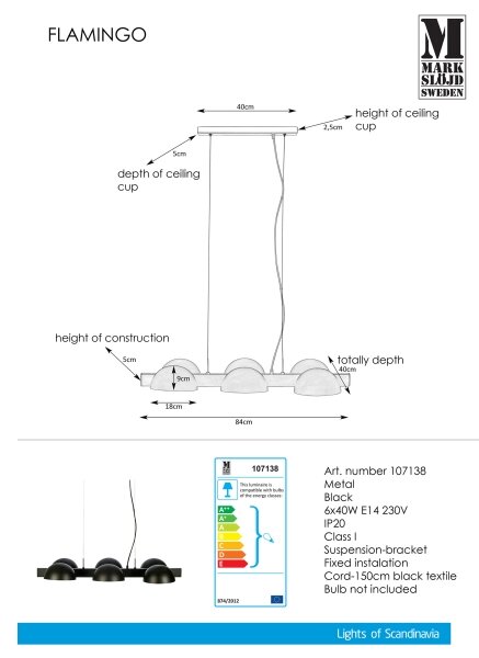 Markslöjd 107138 - Lestenec na vrvici FLAMINGO 6xE14/40W/230V črna