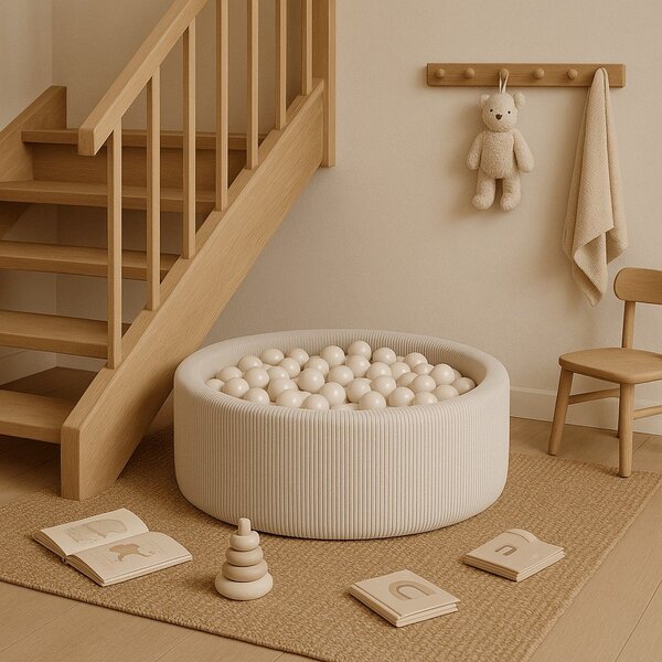 Kremno bel bazen z žogicami iz rebrastega žameta ø 90x30 cm Montessori – Meowbaby