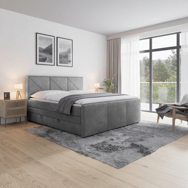 BOXSPRING POSTELJA 180 cm x 200 cm , leseni material svetlo siva