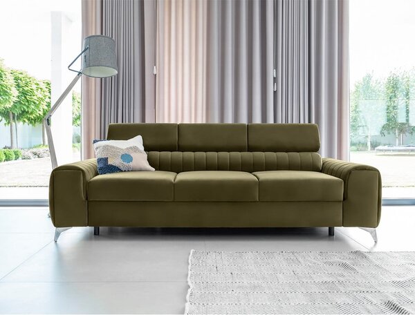 Kaki zelena žametna raztegljiva sedežna garnitura 261 cm Laurence – ELTAP
