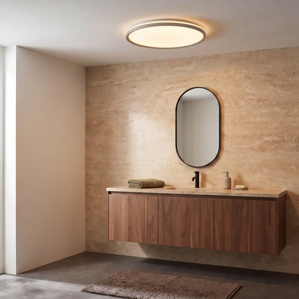 Lindby LED-stropna svetilka Edmund, srebrna, Ø 39 cm, CCT, IP44, Siva, Kopalnica, Plastika, Sodobni