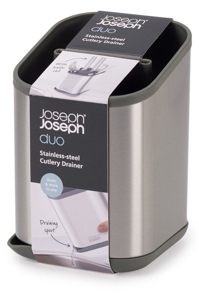 Odcejalnik posode za pribor iz nerjavečega jekla v sijajno srebrni barvi 11x11,5 cm Duo Steel – Joseph Joseph
