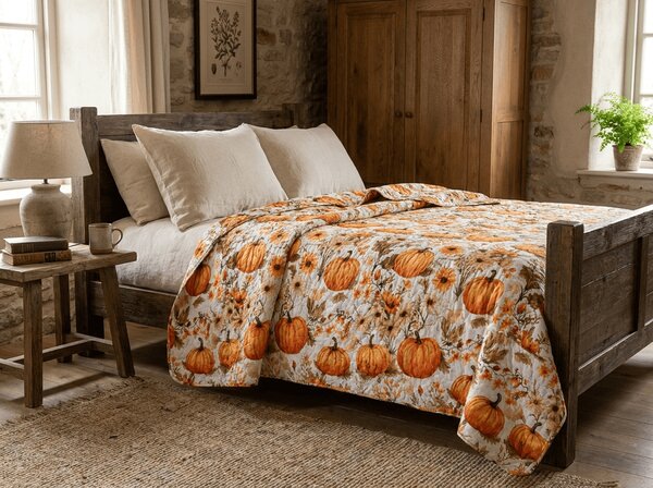 Pregrinjalo za posteljo FLOWERS AND PUMPKINS, oranžno Dimenzije: 170 x 210 cm