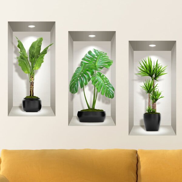 Komplet 3 3D stenskih nalepk Ambiance Green Plants