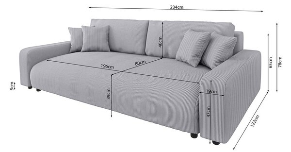 Svetlo siva raztegljiva sedežna garnitura iz rebrastega žameta s prostorom za shranjevanje 234 cm Sara – Ropez