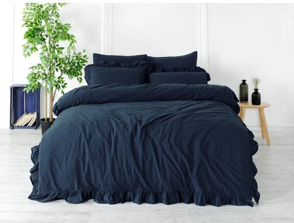 Temno modra podaljšana posteljnina za zakonsko posteljo iz renforce bombaža 240x220 cm Ruffle Striped – Mila Home Luxury