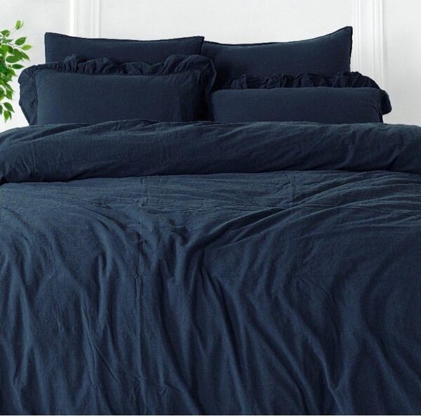 Temno modra podaljšana posteljnina za zakonsko posteljo iz renforce bombaža 240x220 cm Ruffle Striped – Mila Home Luxury