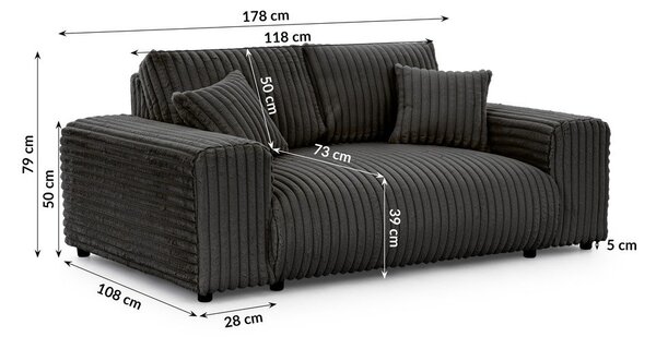 Temno siva sedežna garnitura iz rebrastega žameta 178 cm Justin – Ropez
