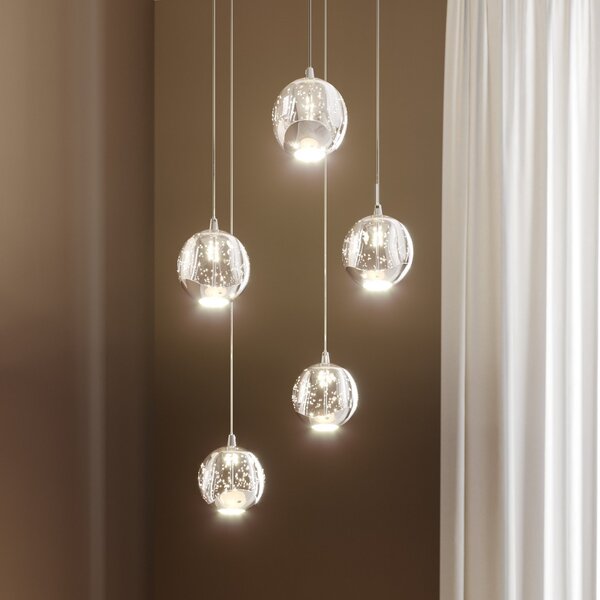 Lucande LED viseča svetilka Hayley, Ø 30 cm, 5-svetlobna, krom, steklo, Prozorna, Dnevna soba / jedilnica, Steklo, Sodobni