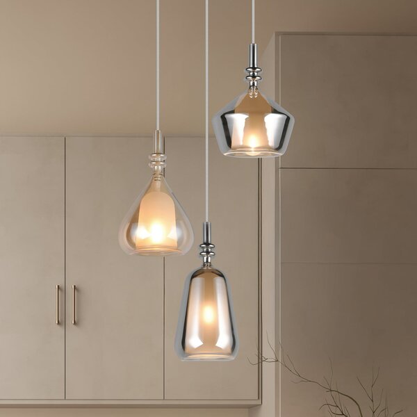 Trio Lighting Visoka svetilka Aldea, Ø 28 cm, bela/jantar/krom, steklo, 3-delna., zatemnjen, Bež, Dnevna soba / jedilnica, Steklo