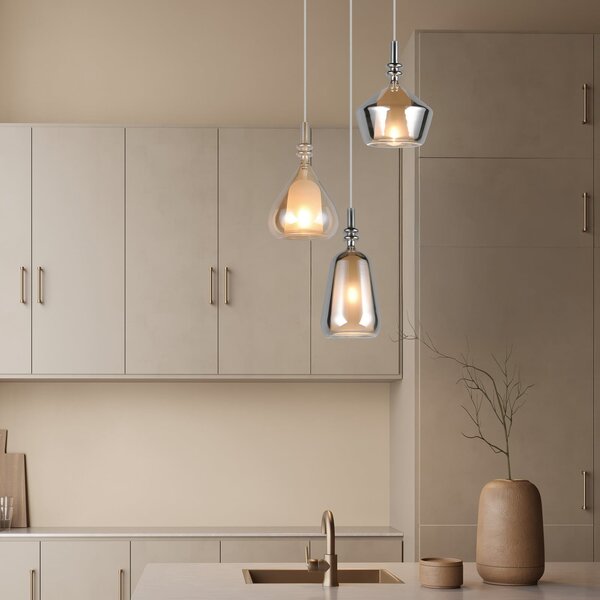 Trio Lighting Visoka svetilka Aldea, Ø 28 cm, bela/jantar/krom, steklo, 3-delna., zatemnjen, Bež, Dnevna soba / jedilnica, Steklo