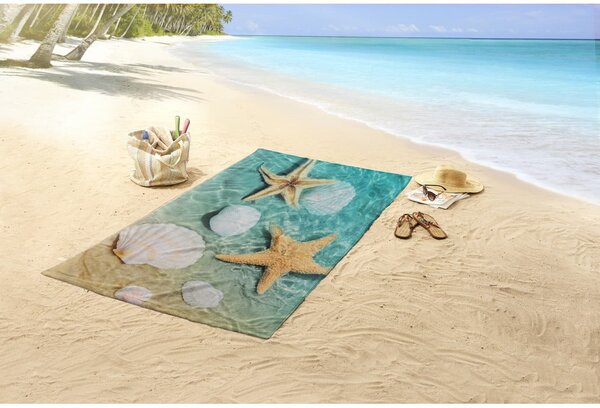 Modra/bež žametna brisača za na plažo 100x180 cm Beachvibe – Good Morning