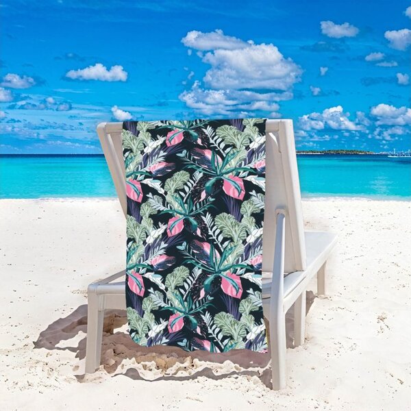Plažni set NIGHT BLOSSOM – brisača 100×180 cm in pončo 80×145 cm, črna
