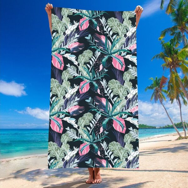 Plažni set NIGHT BLOSSOM – brisača 100×180 cm in pončo 80×145 cm, črna