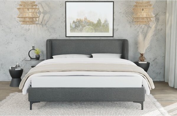 Temno siva oblazinjena zakonska postelja z letvenim dnom 200x200 cm Basti – Ropez