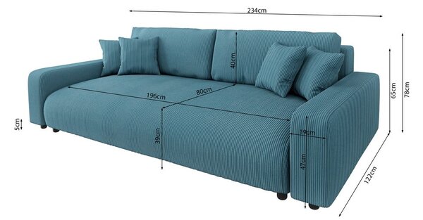 Turkizna raztegljiva sedežna garnitura iz rebrastega žameta s prostorom za shranjevanje 234 cm Sara – Ropez