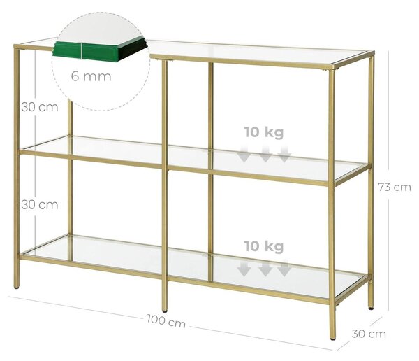 Konzolna mizica iz kaljenega stekla, Kavč mizica s 3 policami 100 x 73 x 30 cm, zlata | VASAGLE