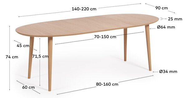 Raztegljiva jedilna miza v hrastovem dekorju 90x140 cm Oqui – Kave Home