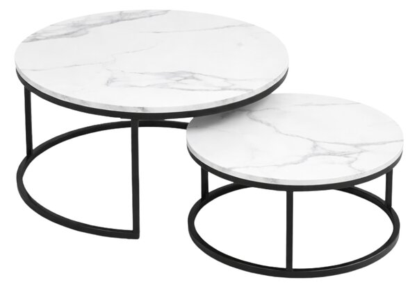 Komplet 2 okroglih konferenčnih mizic MARBLEX, črna/beli marmor