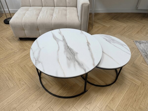 Komplet 2 okroglih konferenčnih mizic MARBLEX, črna/beli marmor