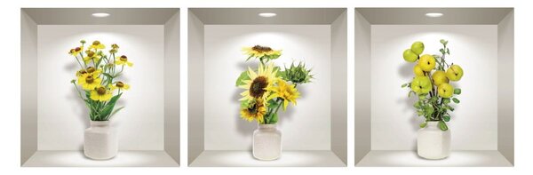 Komplet 3 3D stenskih nalepk Ambiance Yellow Flowers