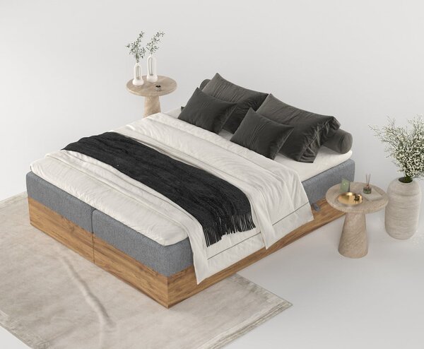 Boxspring postelja s prostorom za shranjevanje v sivi in naravni barvi 180x200 cm Faro – Maison de Rêve
