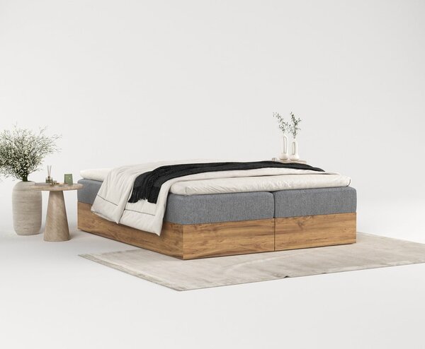 Boxspring postelja s prostorom za shranjevanje v sivi in naravni barvi 140x200 cm Faro – Maison de Rêve