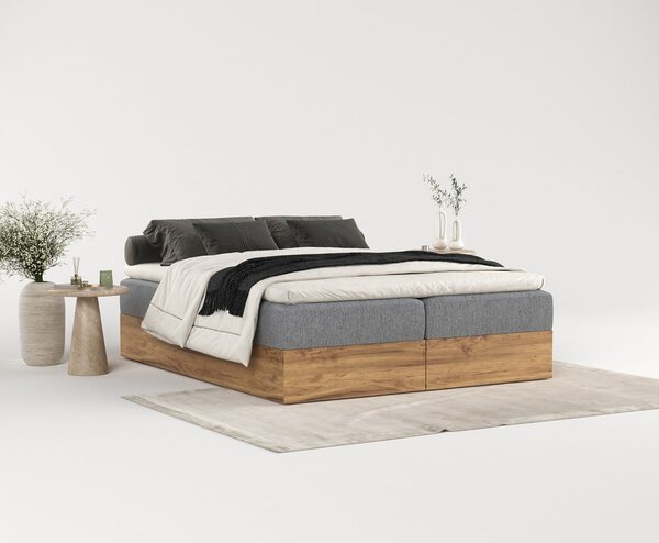 Boxspring postelja s prostorom za shranjevanje v sivi in naravni barvi 140x200 cm Faro – Maison de Rêve