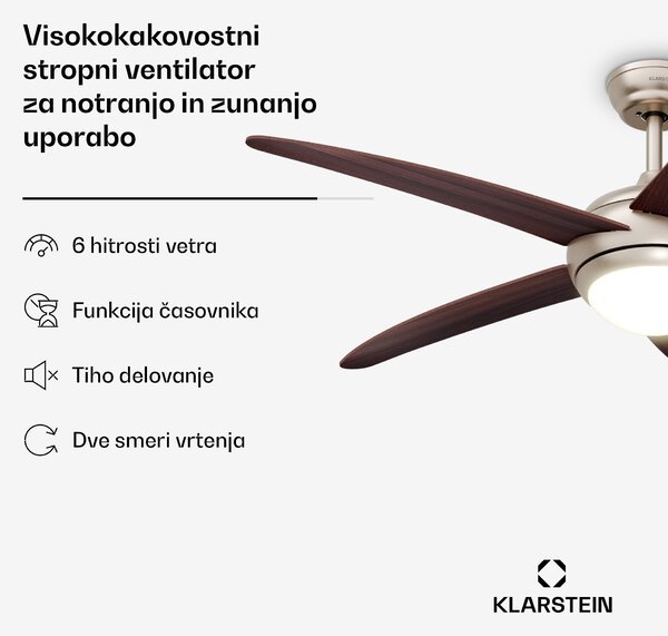 Klarstein Bolero stropni ventilator z lučjo | 132 cm | 35 W | Tiho delovanje | Les