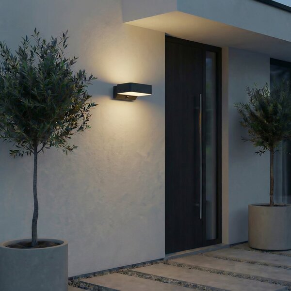 Lindby LED zunanja stenska svetilka Fando, antracitna, s senzorjem, IP44, Siva, Aluminij