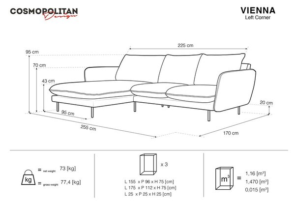 Svetlo modra žametna kotna zofa (levi kot) Vienna - Cosmopolitan Design