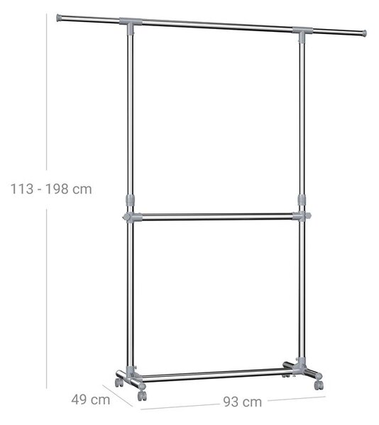 Stojalo za oblačila dvonivojsko JASON, 93x49x113–198cm, srebrn SongmicsHome