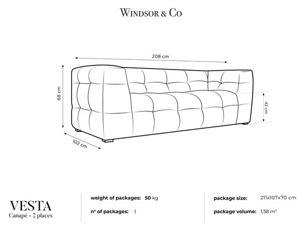 Modra žametna zofa Windsor & Co Sofas Vesta, 208 cm