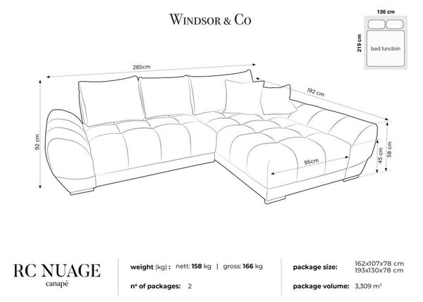 Bež žametna raztegljiva sedežna garnitura Windsor & Co Sofas Nuage, desni kot