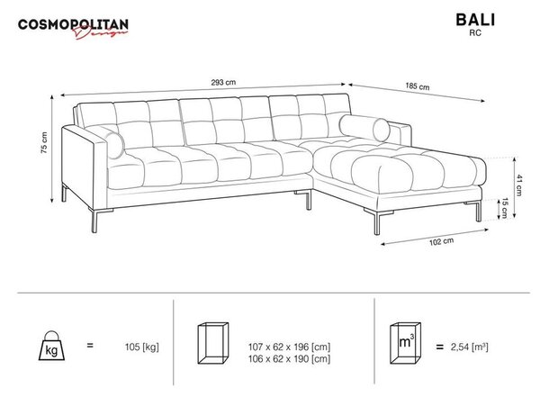 Rdeča žametna kotna sedežna garnitura Cosmopolitan Design Bali, desni kot