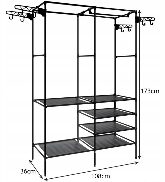 Prenosni obešalnik s policami za oblačila 173cm črn