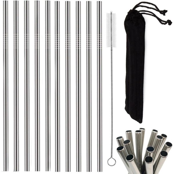 Set 10 inox ravnih kovinskih slamic za večkratno uporabo + krtačka