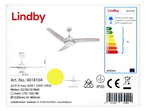 Lindby - Stropni ventilator EMANUEL 2xE14/42W/230V + Daljinski upravljalnik