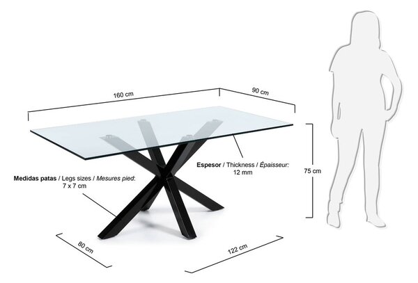 Jedilna miza s stekleno ploščo in črnim podnožjem Kave Home, 160 x 90 cm