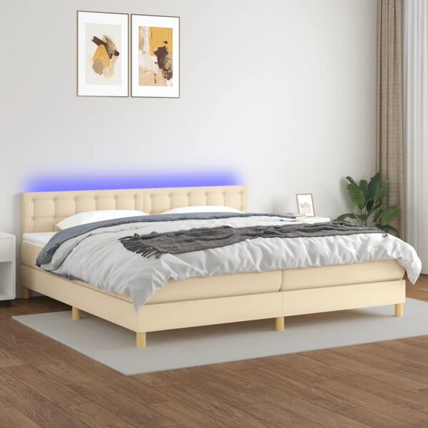 VidaXL Box spring postelja z vzmetnico LED krem 200x200 cm blago