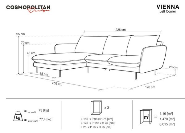 Siva žametna kotna zofa Cosmopolitan Design Vienna, levi kot