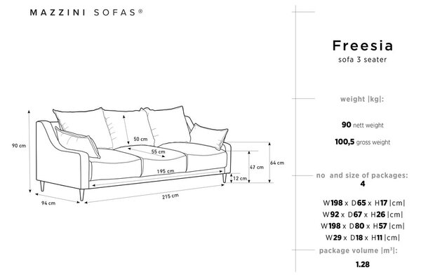 Siva žametna raztegljiva sedežna garnitura s prostorom za shranjevanje Mazzini Sofas Freesia, 215 cm