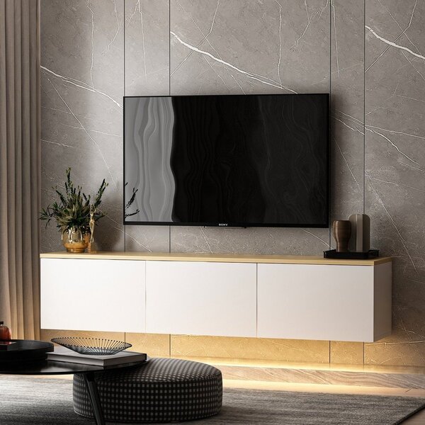 Bela TV omarica v hrastovem dekorju 160x35x32 cm Neon – Kalune Design