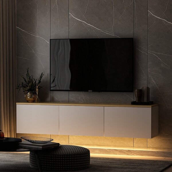Bela TV omarica v hrastovem dekorju 160x35x32 cm Neon – Kalune Design