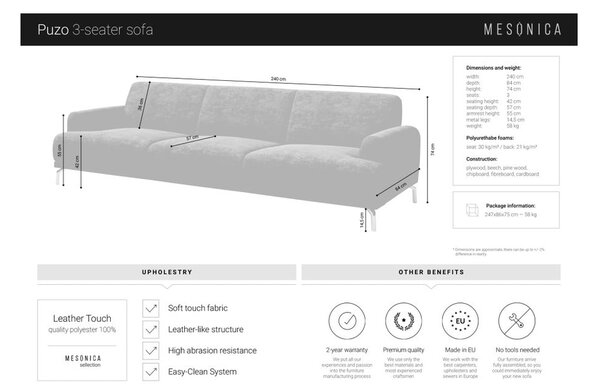 Rjava zofa iz umetnega usnja MESONICA Puzo, 240 cm