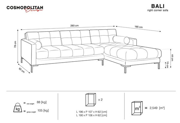 Temno siva žametna kotna sedežna garnitura Cosmopolitan Design Bali, desni kot