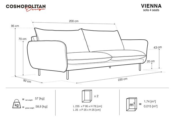 Svetlo siva zofa Cosmopolitan Design Vienna, 230 cm