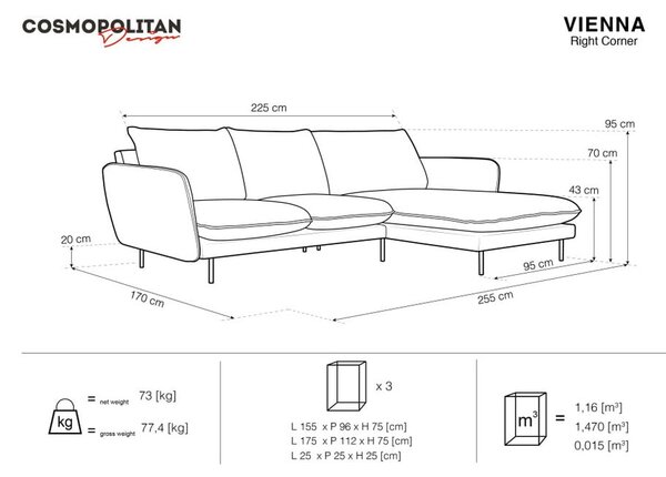 Temno siva žametna kotna sedežna garnitura Cosmopolitan Design Vienna, desni kot